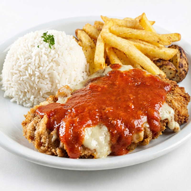 Frango à parmegiana com molho de tomate caseiro, arroz e batatas rústicas.