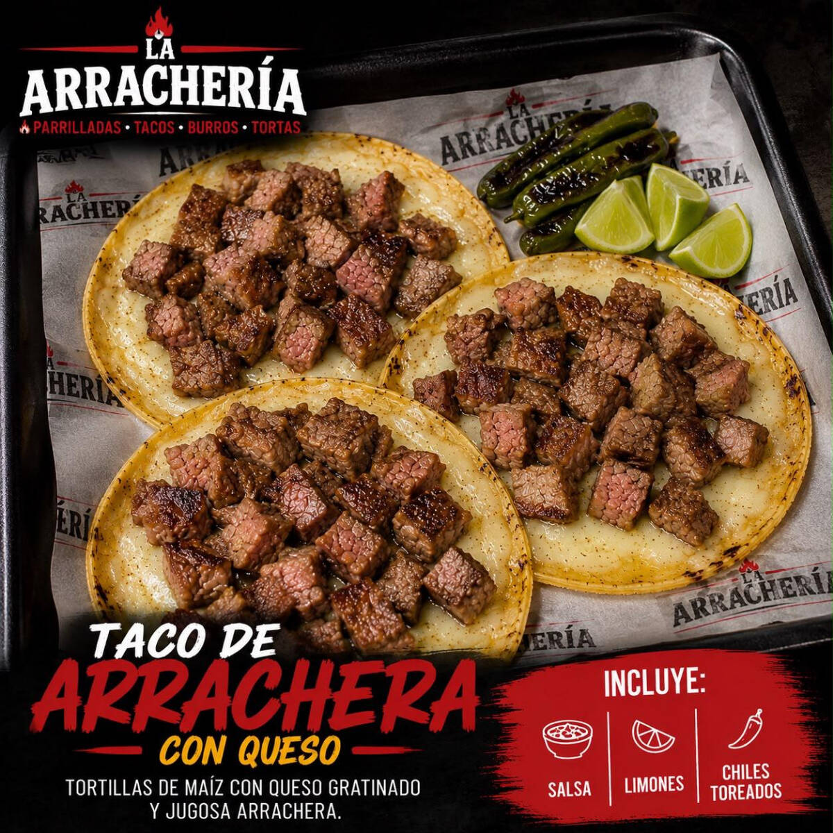 TACOS DE ARRACHERA CON QUESO (3 PIEZAS)