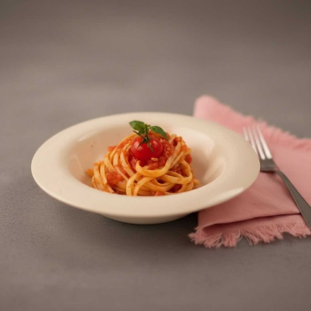 O espaguete ao molho sugo é um clássico, a adição de queijo certamente traz um sabor extra. A polenta frita trás uma crocancia que complementa bem o prato.
