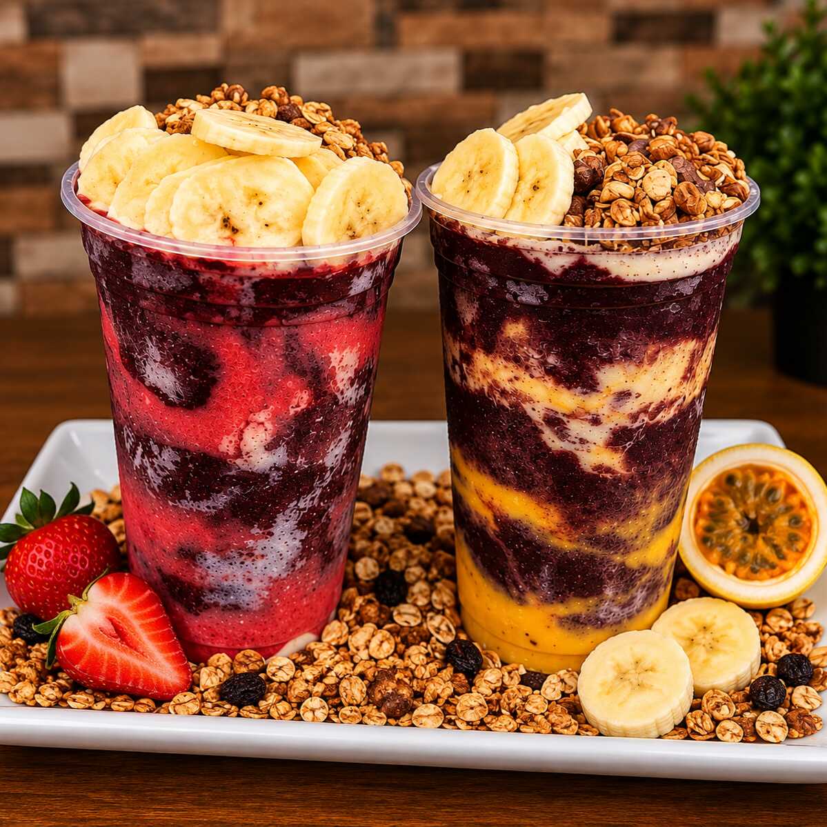 Aquele açaí caprichado que todo mundo ama! Montado com creme mousse de morango e maracujá, açaí cremoso, banana fresca, granola crocante, leite em pó por cima e finalizado com leite condensado. Uma combinação perfeita de cremosidade e crocância, ideal para quem quer matar a vontade de açaí gastando pouco.