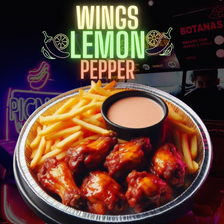 6 Lemon Pepper Wings con papas fritas