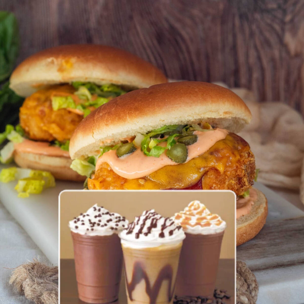 2 Hamburguesas Crispy + 3 Frappes a Elegir