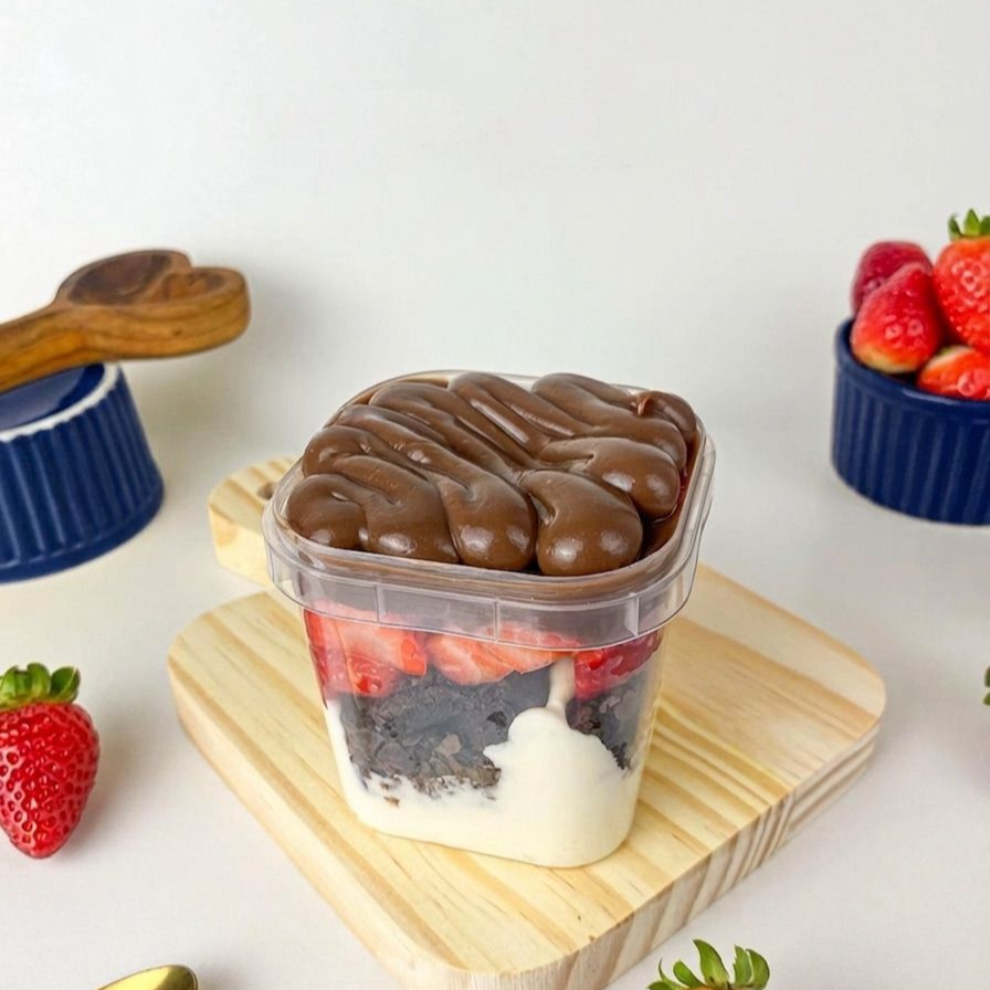 Uma sobremesa irresistível feita com creme de chocolate branco no fundo, muitos pedacinhos de brownie super macios e chocolatudos, morangos frescos e uma generosa camada de brigadeiro 50% cacau por cima. A combinação perfeita entre cremosidade, intensidade do chocolate e o frescor dos morangos!
