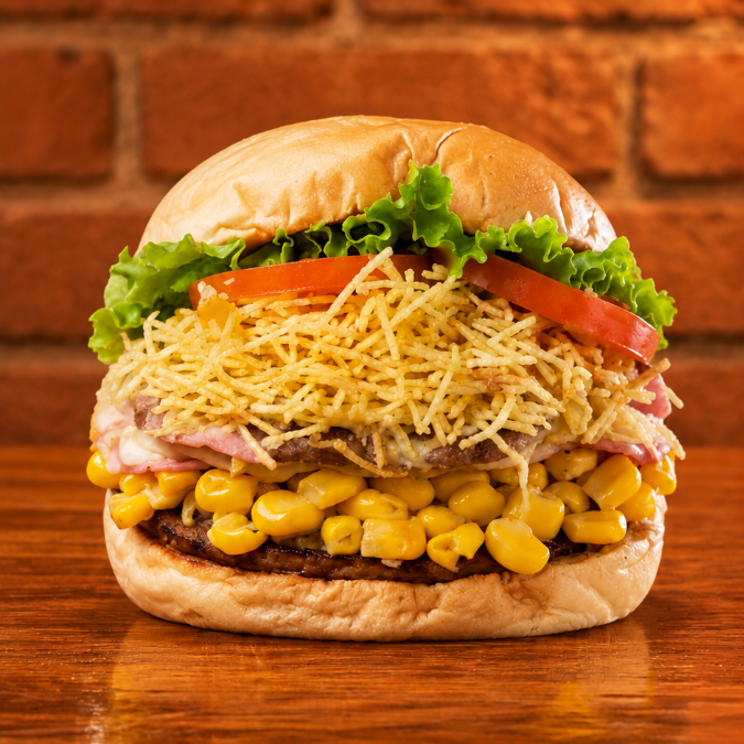 Pão com burguer artesanal, queijo, presunto, abacaxi, salada, milho e batata. Uma combinação caprichada de sabores e texturas para matar a fome e aproveitar cada mordida!