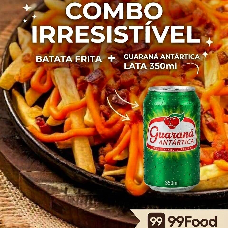 Batata com generosa camada de queijo e bacon crocante como de costume + Guaraná Antártica 350ml. (Batata "PEQUENA" serve até 1 pessoas)