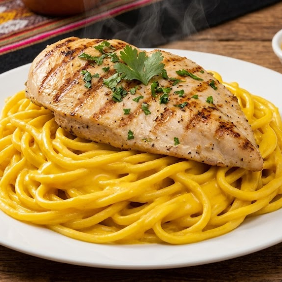 Tallarín a la Huancaína con Filete