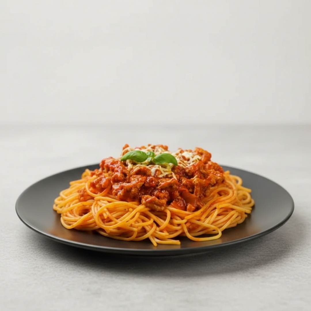 Macarrão espaguete coberto com uma camada de molho bolonhesa encorpado, carne bem temperada e porção generosa - Bem servido, com muito molho caseiro de verdade! Feito com cuidado, como toda boa comida caseira deve ser.