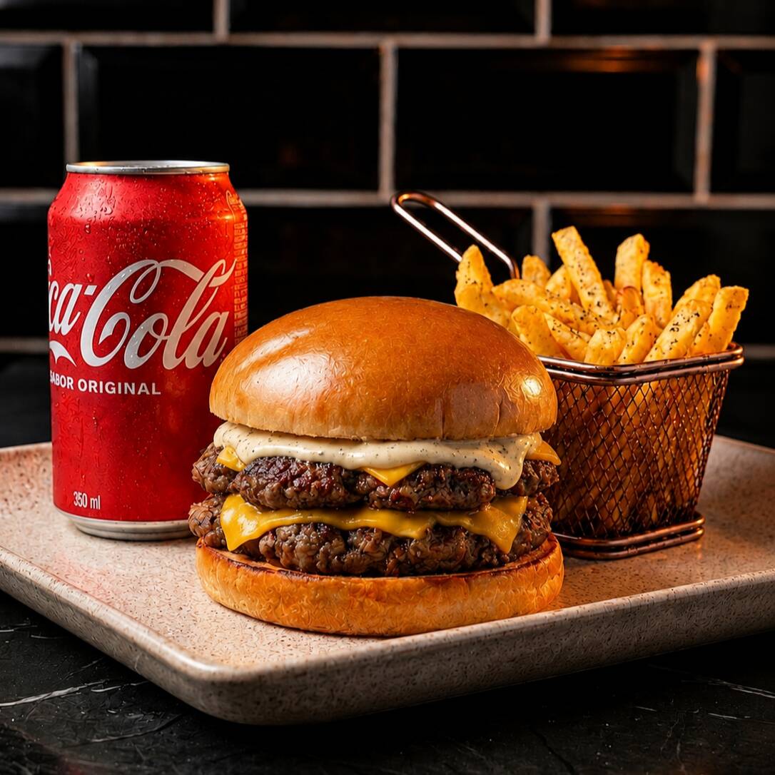Um maravilhoso combo do magnifico Reo duplo cheese . Composto por pão de brioche premium, 2 blends bovinos de 120g cada, cheddar fatia e molho especial + batata + bebida