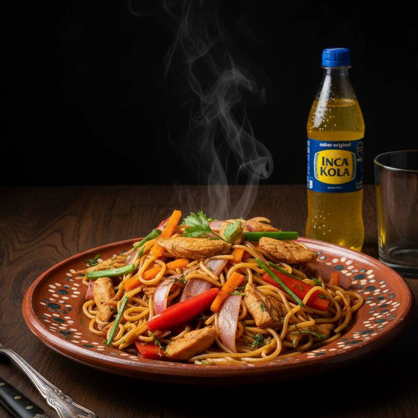 Tallarines Saltado con Pollo +Inca Kola 500 Ml