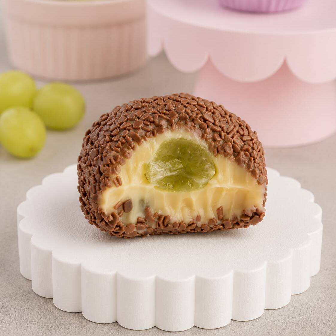 Massa de brigadeiro de Ninho recheado com uva Thompson coberto com granulado de chocolate ao leite. Peso 50 g