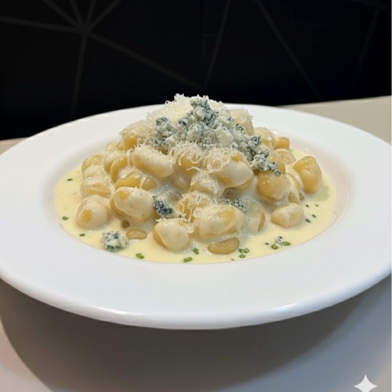 Gnocchi de batatas, envolvido ao molho branco, mussarela, parmesão e gorgonzola.