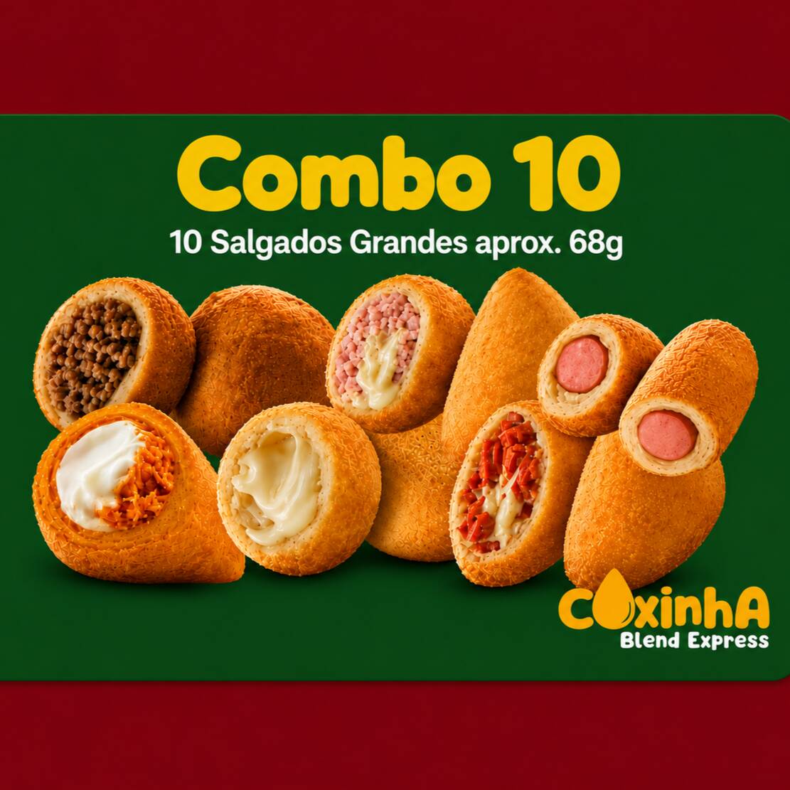 Escolha seus 10 salgados grandes favoritos por apenas R$ 41,65
Quer levar mais? É só adicionar os salgados extras na seção Adicionais.