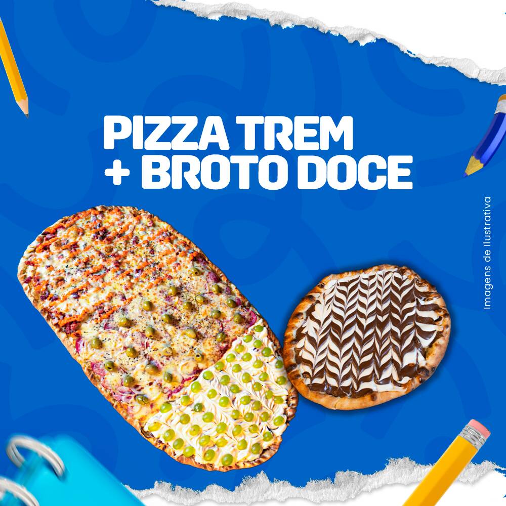 O "Combo Família" inclui a nova pizza trem de 27 fatias, perfeita para grandes grupos e famílias, você pode personalizar com até 3 sabores tradicionais à sua escolha. Acompanhada de um delicioso broto doce de dar água na boca. Aproveite!!!