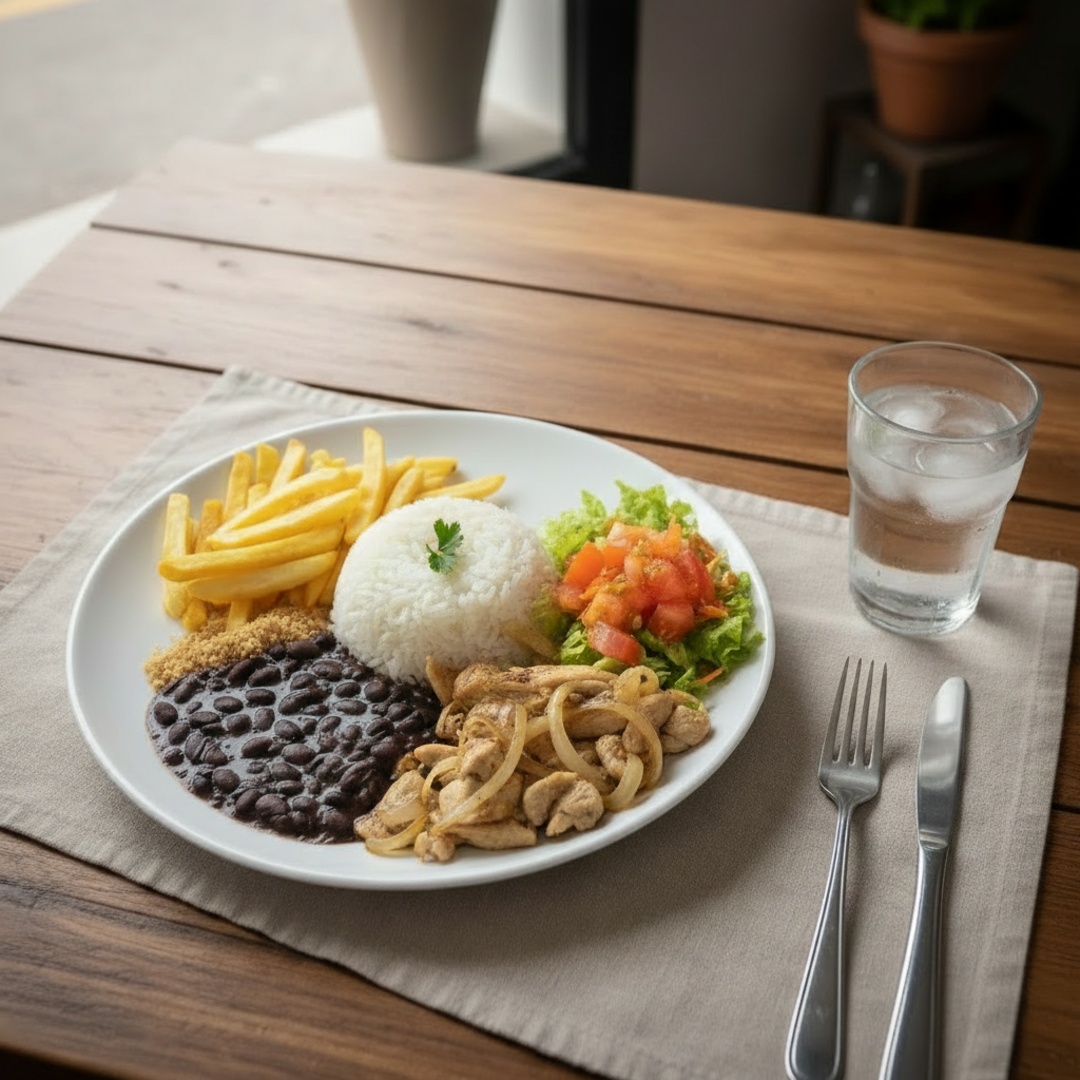 Arroz, feijão, filetado de frango empanado, farofa, batata frita e salada.
