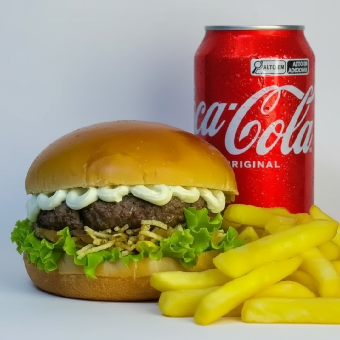 Pão especial, carne artesanal 120g,molho cheddar, verduras (cebola caramelizada) e molho especial +batata frita+Coca cola lata