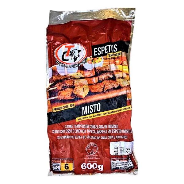 Contém 6 espetos de carne bovina, carne suína, linguiça e frango57.90 temperados e congelado