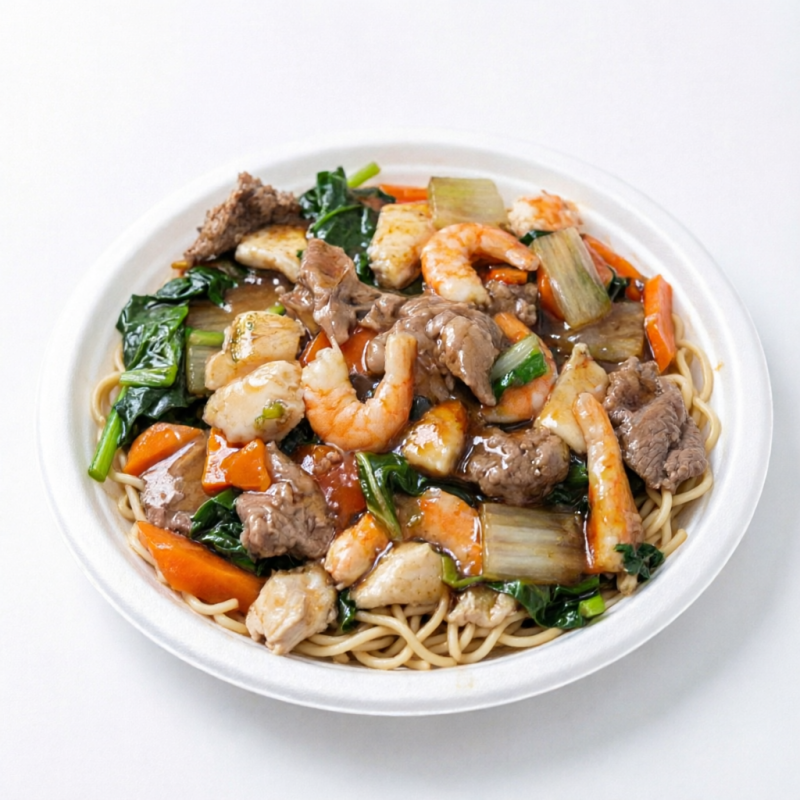 Macarrão chinês, carne, frango, camarão e legumes - acelga e cenoura .
Não mudamos