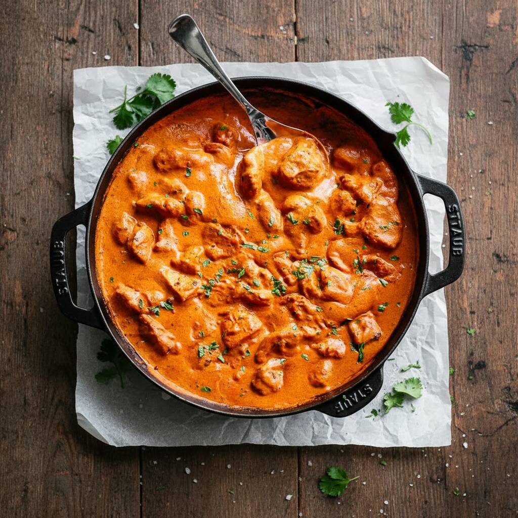 Saboroso, cubos de frango no molho de tomate e castanha de caju, creme de leite no manteiga com ervas indiano (400 ml)