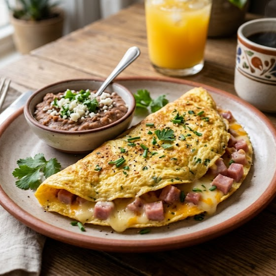 Omelet de Jamón y Queso con Frijoles