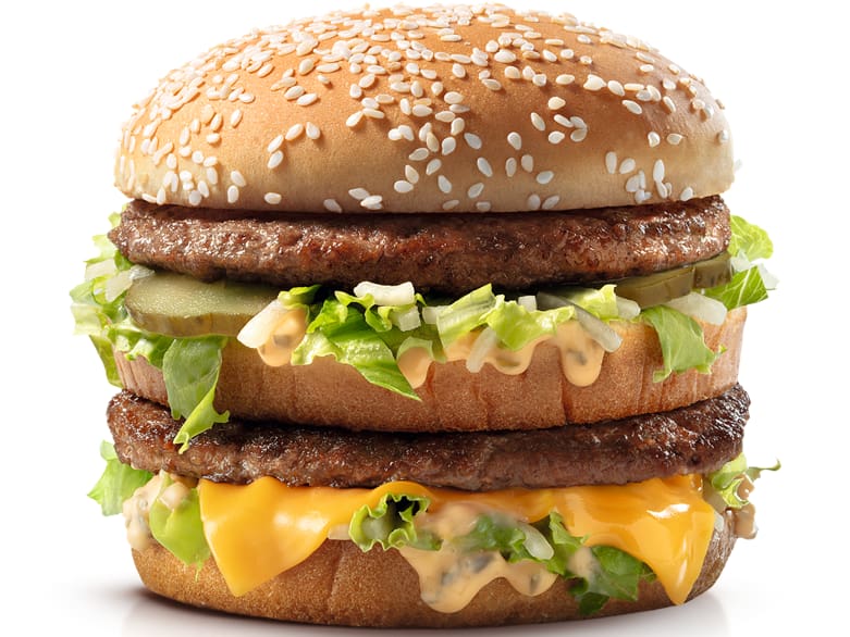 Dois hambúrgueres (100% carne bovina), alface americana, queijo processado sabor cheddar, molho especial, cebola, picles e pão com gergelim.