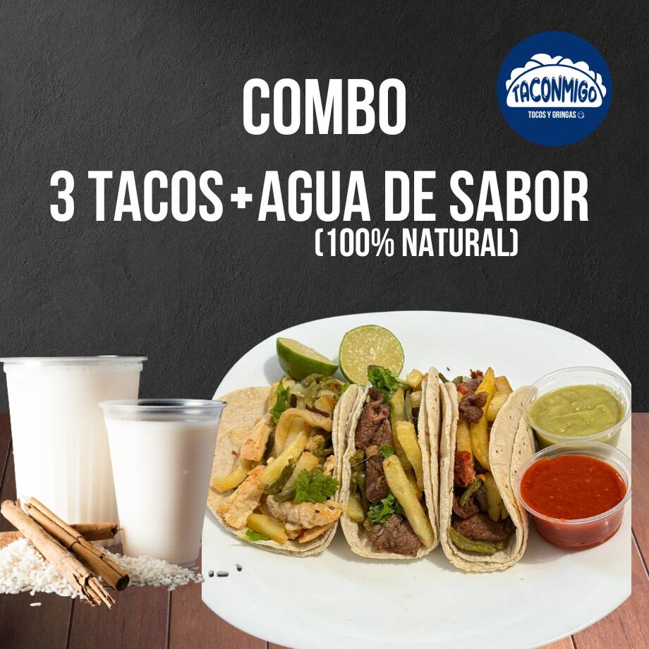 COMBO 3 TACOS MAS AGUA DE SABOR NATURAL