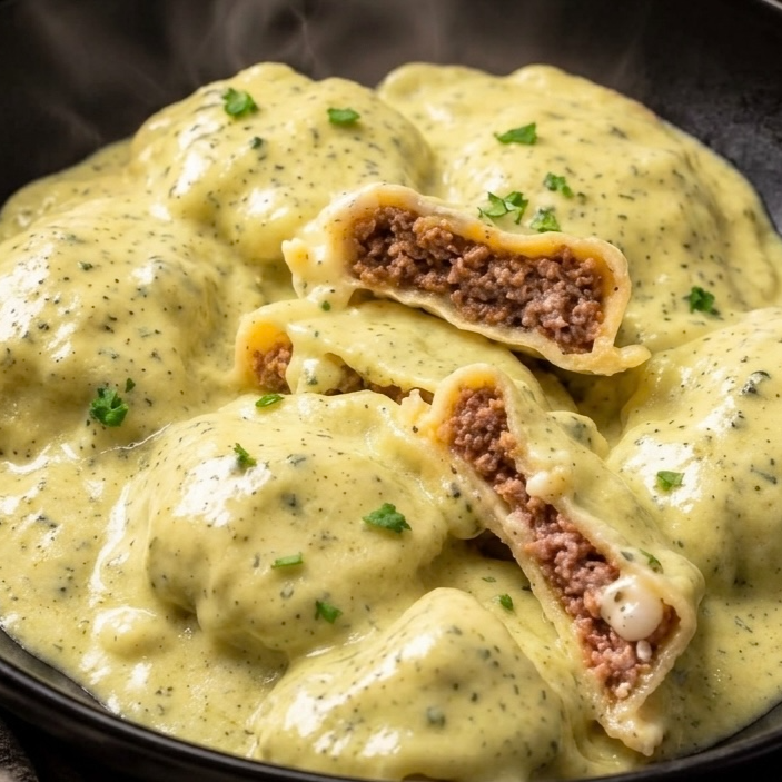 Sorrentinos de carne con crema picante