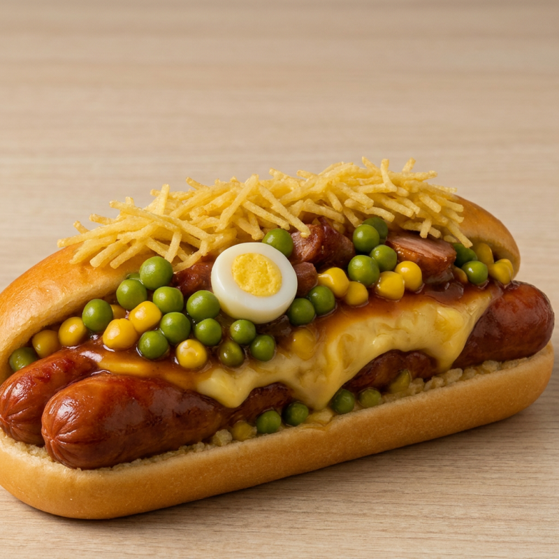 Pão de cachorro quente, 2 salsicha com molho defumado, milho, ervilha, batata palha, ovo de codorna e azeitona, queijo ralado e passas Foto Ilustrativa!