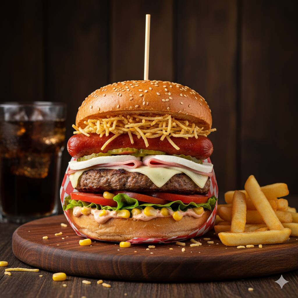 Pão, Lombo Suíno, Salsicha, Presunto, Mussarela, Milho, Tomate, Alface, Batata Palha