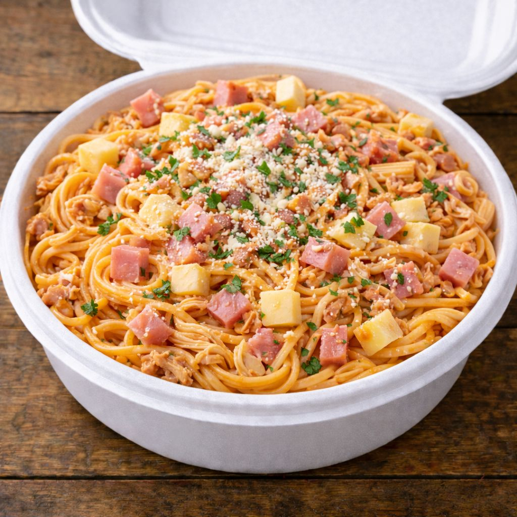 Marmita de macarrão com presunto e queijo escolha com molho à bolonhesa, se preferir ao branco deixe na observação do seu pedido.
