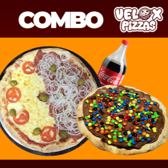 1 PIZZA GRANDE MEIA CALABRESA ACEBOLADA MEIA MUSSARELA COM TOMATE, AZEITONA E OREGANO + 1 PIZZA BROTO CREME DE AVELÃ COM CONFETE + 1 COCA COLA 600ML