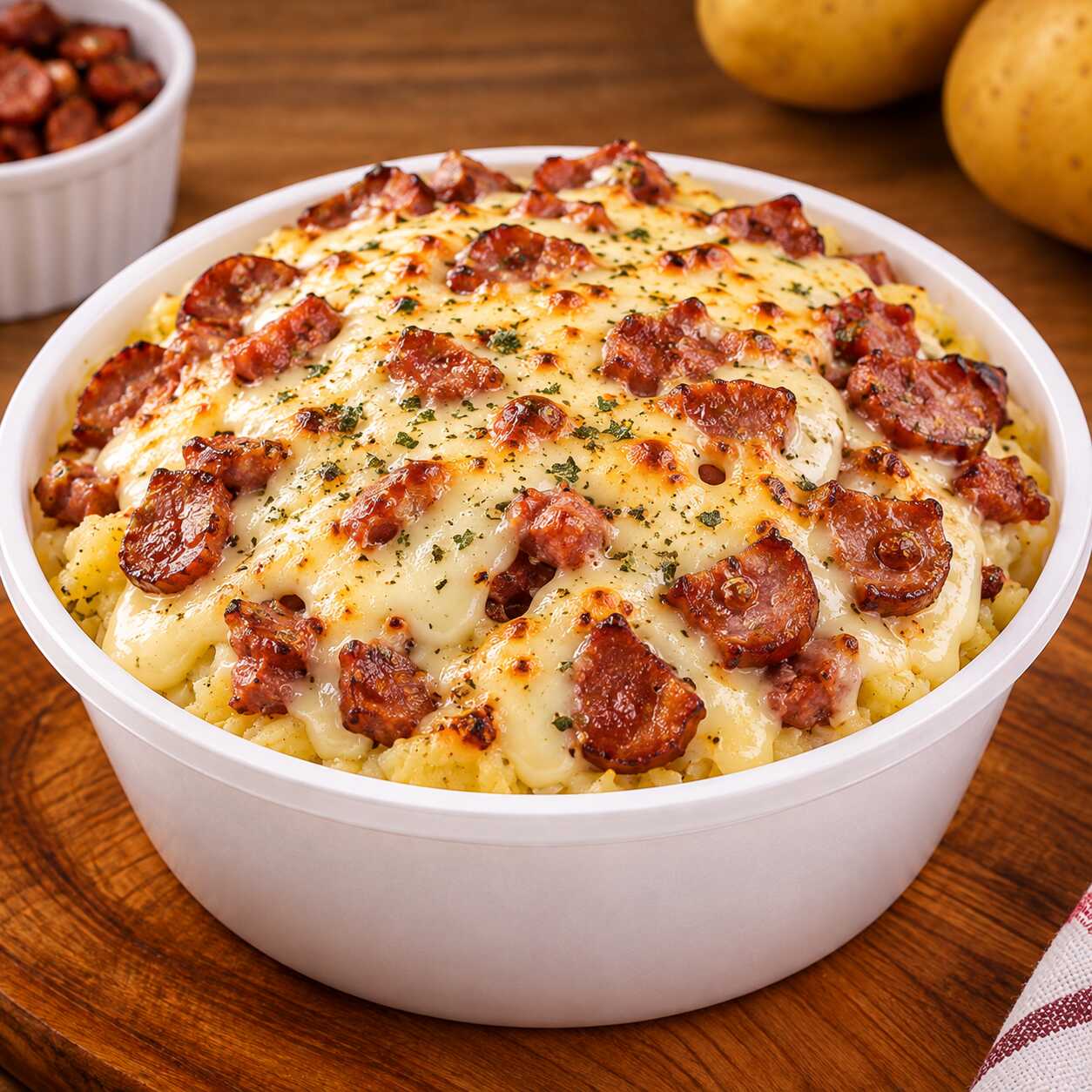 Batata assada, macia e saborosa, recheada com calabresa refogada, temperos especiais e requeijão cremoso. Finalizada com queijo gratinado, unindo o sabor marcante da calabresa à cremosidade perfeita em cada mordida.