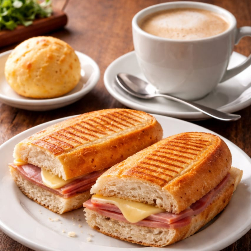 Dois misto quente, um pão de queijo e um café com leite