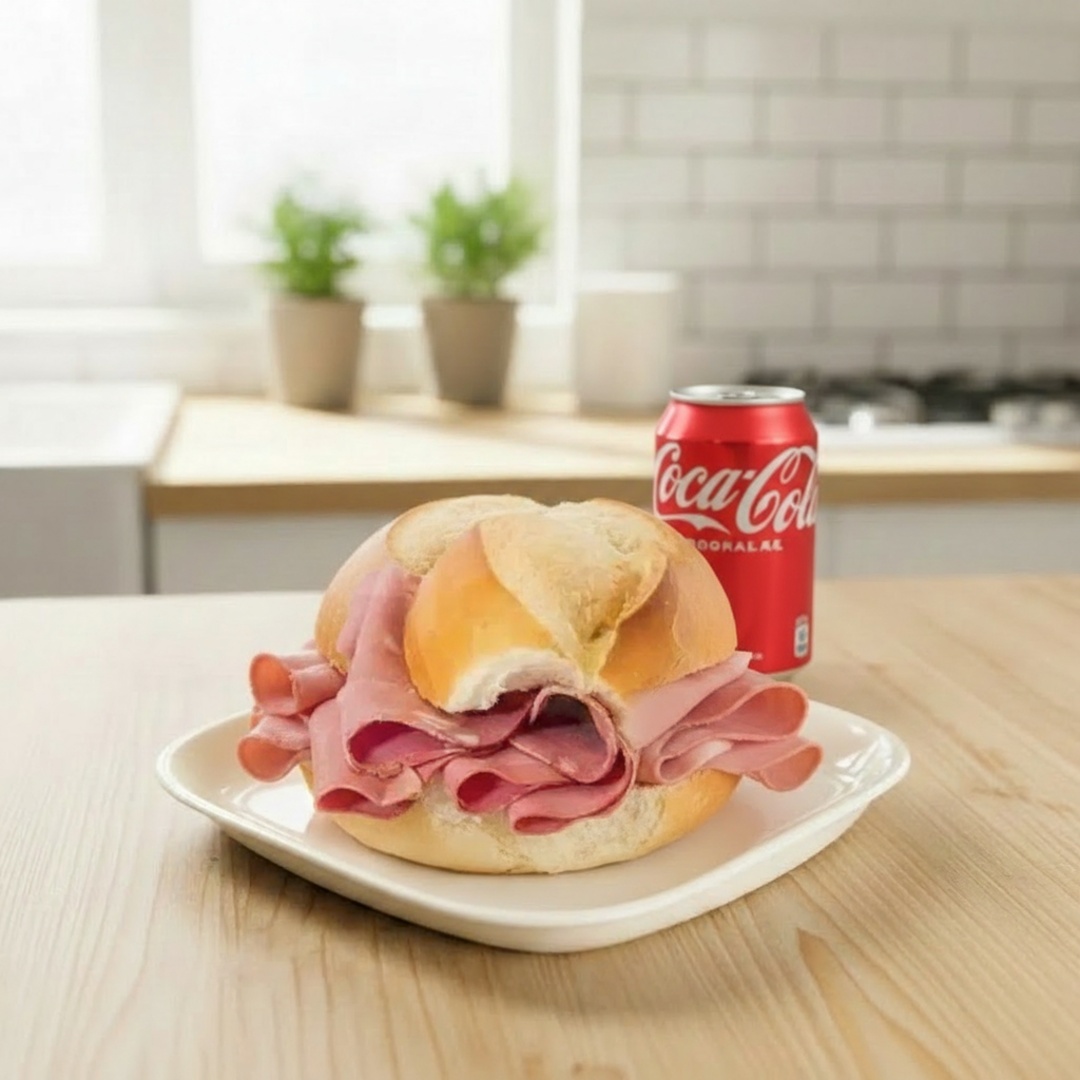 Pão com mortadela defumada frio ou na chapa + Coca Lata 350 ml