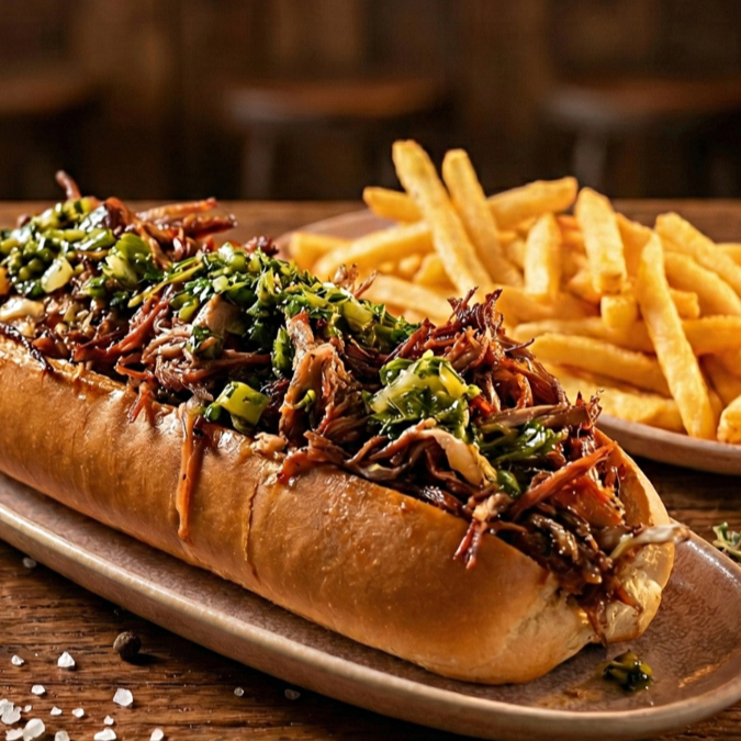 Sanduíche no pão brioche de Brisket desfiado e entremeado com queijo, cebola roxa e maionese da casa.