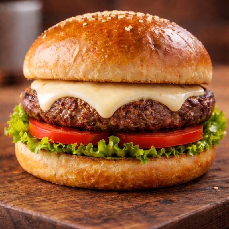 Pão, carne bovino 130g, queijo, tomate, alface