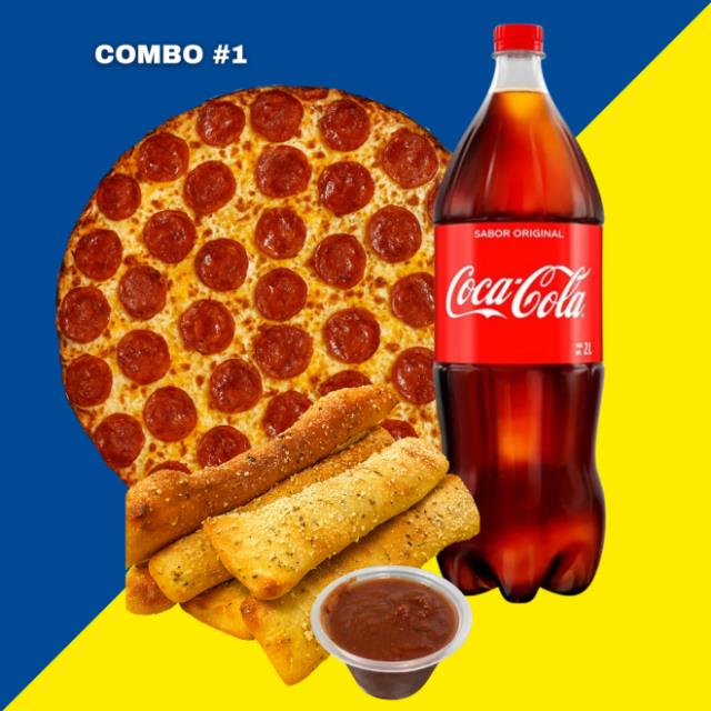 COMBO #1 (PIZZA PEPPERONI SIN ORILLA, ROCKY STICKS, REFRESCO 2L)