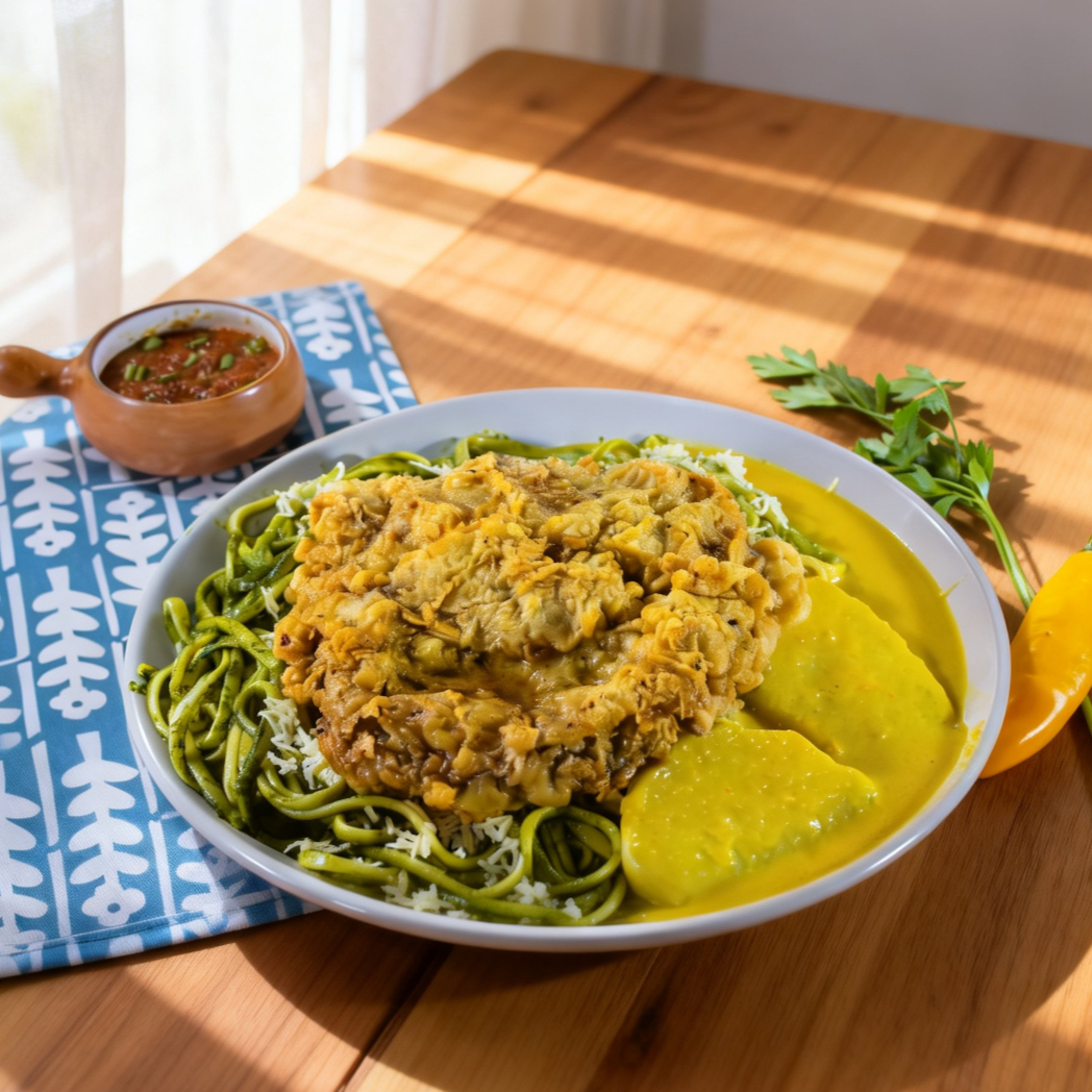 Tallarín Verde con Bistec Apanado