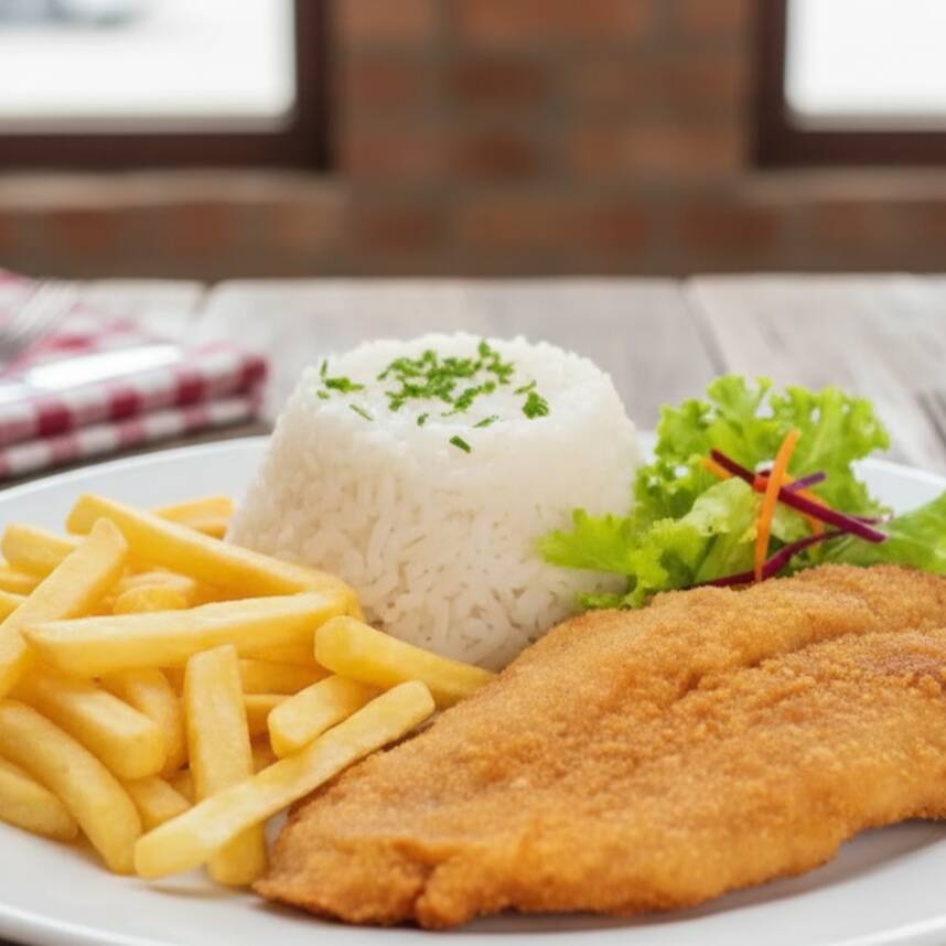 Arroz, Feijão, Fritas e um delicioso Filé de Frango Milanesa, na marmitex Junior porcao individual