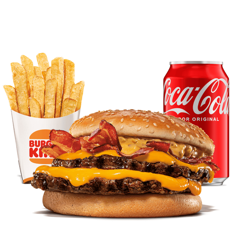 Um hambúrguer com duas carnes bovinas grelhadas de 113g, pão com gergelim, cheddar cremoso, fatias de bacon crocante e o exclusivo molho bk stacker. Acompanha batata frita e bebida.