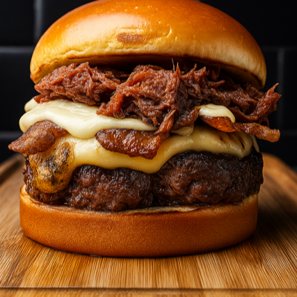 BURGER DE 150G, QUEIJO COALHO, CARNE SECA DESFIADA, MEL, CEBOLA E MAIONSE NO PÃO DE BRIOCHE (ESTILO EUROPEU COM TEMPERO NORDESTINO).