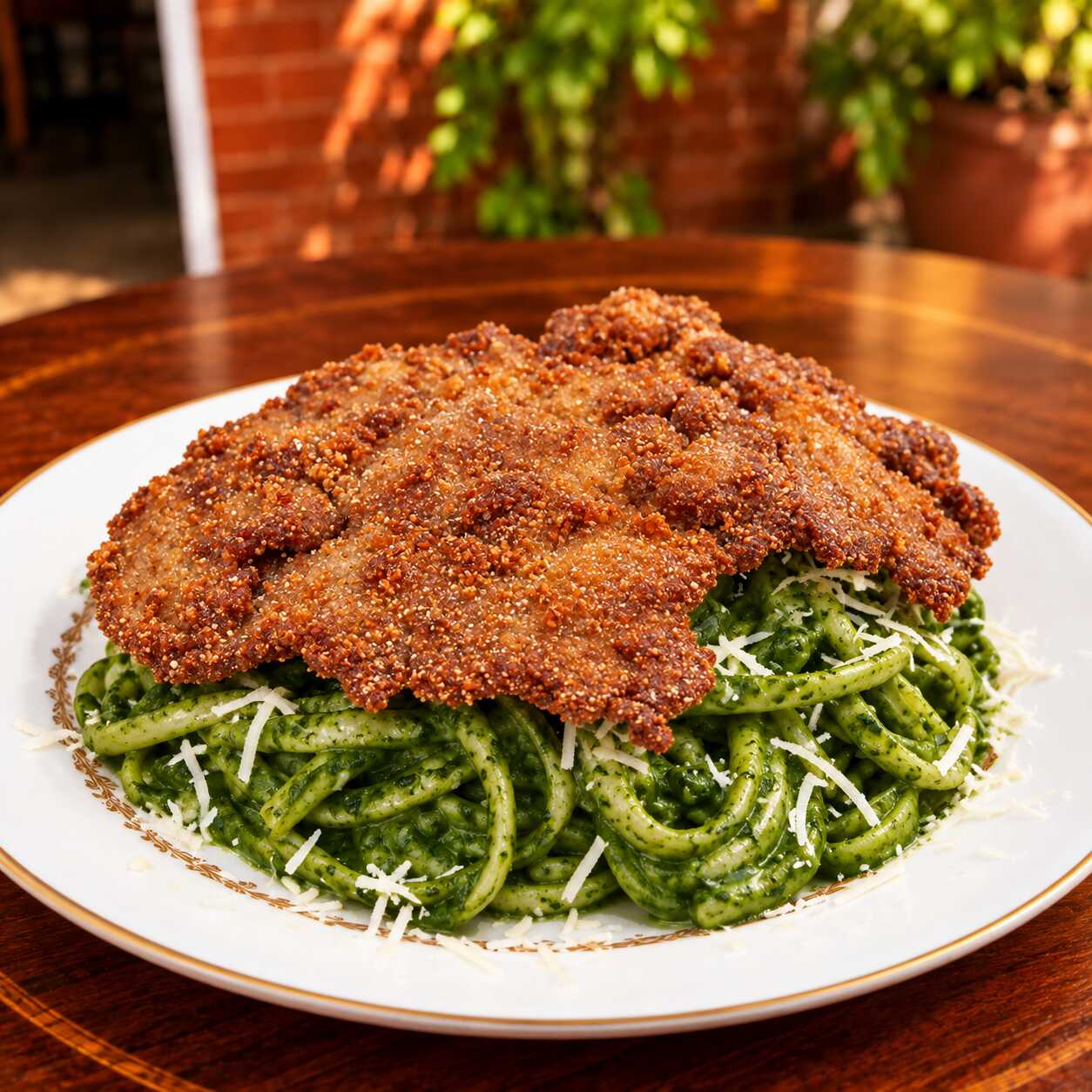 Tallarines con bistec apanado
