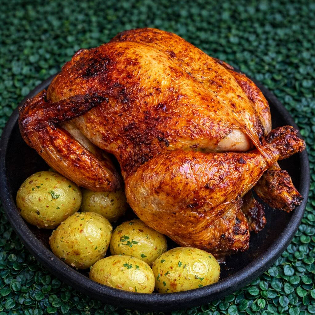 Frango assado inteiro, bem temperado e suculento, com pele dourada e crocante, preparado no estilo caseiro com tempero mineiro que conquista em Belo Horizonte! Acompanha batatinhas assadas macias e saborosas, feitas junto com o frango para absorver todo o tempero. Assado na hora Porção para 3 a 4 pessoas Entrega rápida