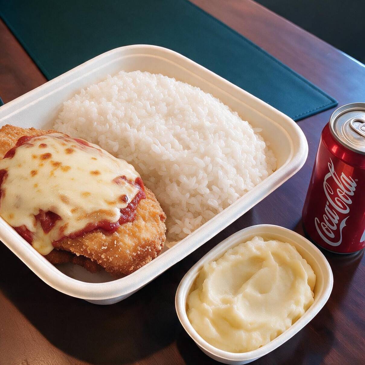 - 300 g de Arroz branco cozido - 200 g de purê de batata - 120 g de filé de frango temperado