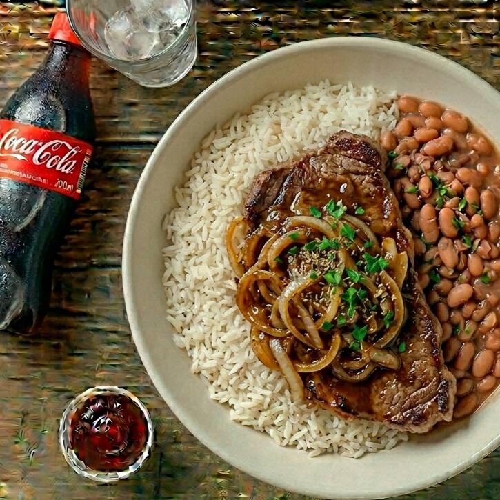 arroz, feijão, MACARRÃO e bife acebolado.
