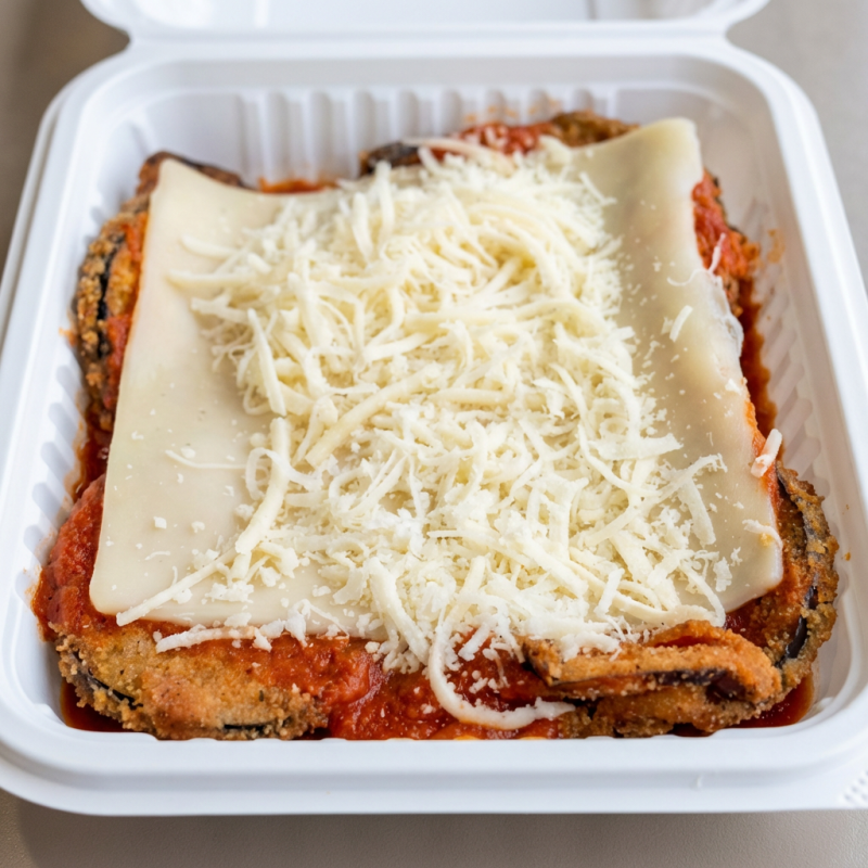 Biringela parmegiana com molho de ao sugo e mussarela e queijo ralado