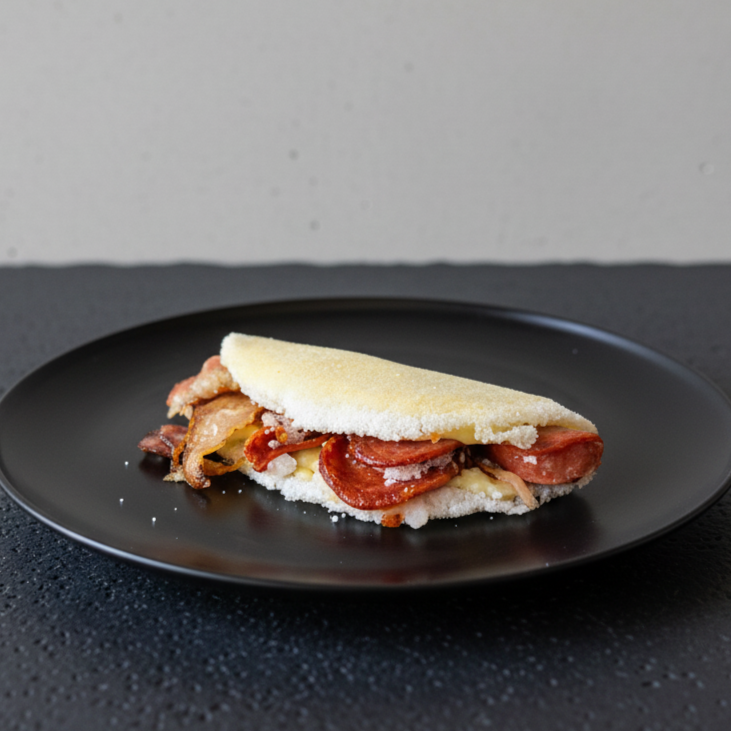 Deliciosa tapioca preparada na hora, recheada com bacon crocante e calabresa fatiada, garantindo uma combinação irresistível, suculenta e cheia de sabor. Perfeita para quem ama um lanche bem caprichado!