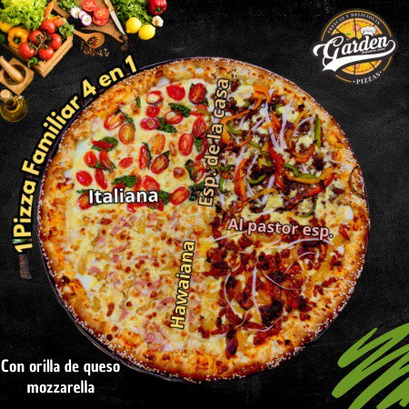 1 PIZZA FAMILIAR 4 EN 1 CON ORILLA DE QUESO