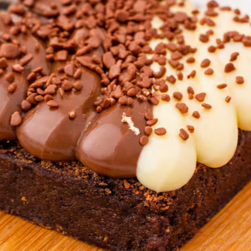 Fatia de brownie com cobertura de brigadeiro de chocolate e brigadeiro de ninho. 200g