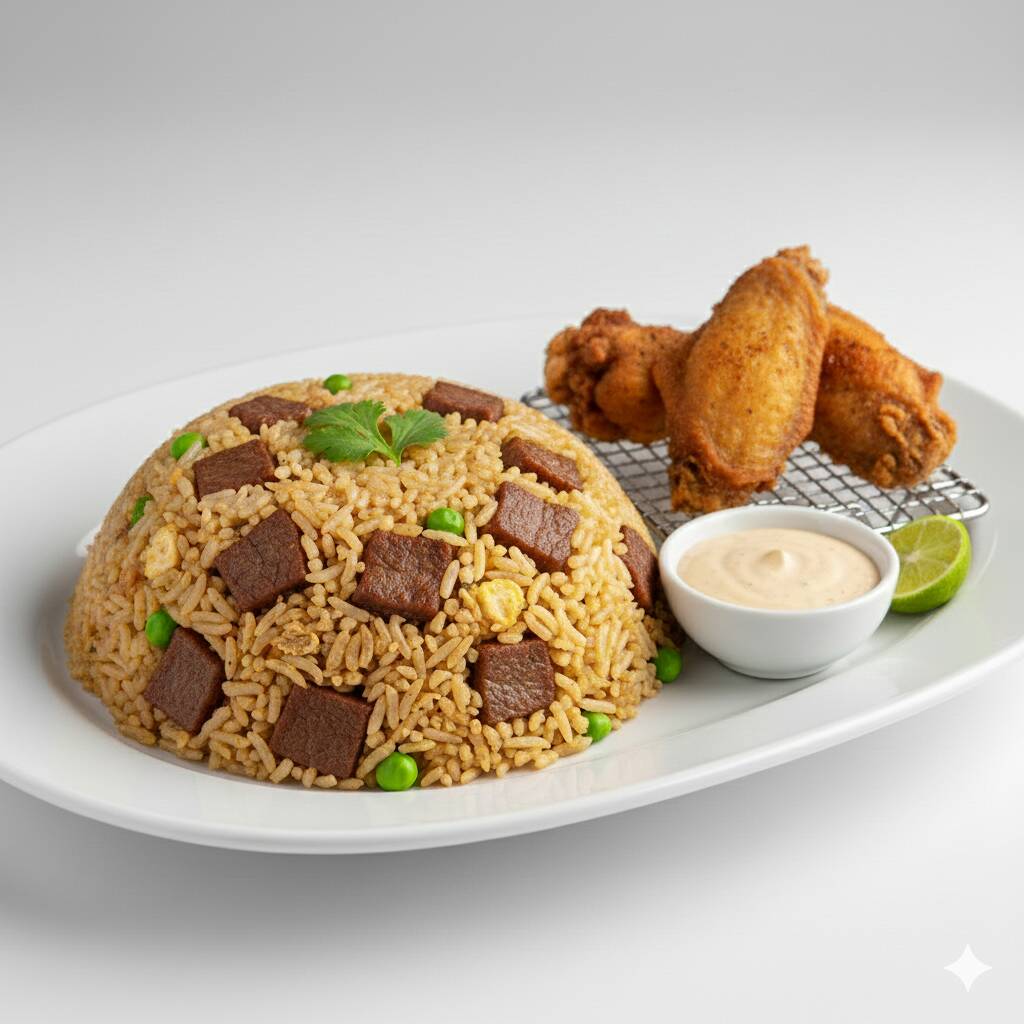 Chaufa con Carne más Alita Frita