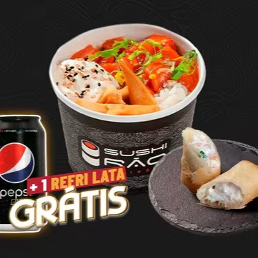 Harumaki de Camarão: Massa de harumaki frita com recheio de camarão e cream cheese.
+Poke de Salmão: 120g de salmão, 150g de arroz temperado e 30g de cream cheese. Produto finalizado com cebolinha, gergelim e massa de harumaki frita.
+ Refrigerante 350ml